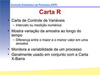 Controle Estatístico de Processo (CEP)


                        Carta R
• Carta de Controle de Variáveis
  – Intervalo ou medição numérica
• Mostra variação da amostra ao longo do
  tempo
  – Diferença entre o maior e o menor valor em uma
    amostra
• Monitora a variabilidade de um processo
• Geralmente usado em conjunto com a Carta
  X-Barra
 