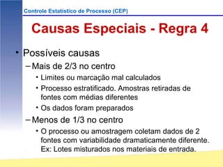 Controle Estatístico de Processo (CEP)


   Causas Especiais - Regra 4
• Possíveis causas
  – Mais de 2/3 no centro
     • Limites ou marcação mal calculados
     • Processo estratificado. Amostras retiradas de
       fontes com médias diferentes
     • Os dados foram preparados
  – Menos de 1/3 no centro
     • O processo ou amostragem coletam dados de 2
       fontes com variabilidade dramaticamente diferente.
       Ex: Lotes misturados nos materiais de entrada.
 