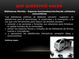 QUE QUEREMOS HACER
Bibliotecas Móviles - Espacos funcionales(móviles)de utilidades
comunitárias
“Las bibliotecas públicas se deberían convertir –sugieren- en
plataformas para el aprendizaje, la creatividad y la innovación, a la
vez que una herramienta para reducir las brechas sociales.”
 conectar a las personas y fomentar sus relaciones para fortalecer
el capital humano de la comunidad;
 utilizar los espacios físicos y virtuales de las bibliotecas de formas
nuevas e innovadoras;
 y aprovechar las plataformas interactivas compartir ideas y
conocimientos.
Instituto Aspen
 