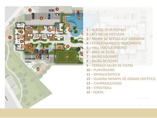 1 – ACESSO DE PEDESTRES
2 – ACESSO DE VEÍCULOS
3 – RAMPA DE ACESSO A 2ª GARAGEM
4 – ESTACIONAMENTO DESCOBERTO
5 – HALL DOS ELEVADORES
6 – ÁREA DE ESTAR
7 – SALÃO GOURMET
8 – SALÃO DE FESTAS
9 – TERRAÇO SALÃO DE FESTAS
10 – PLAYGROUND
11 – BRINQUEDOTECA
12 – QUADRA INFANTIL DE GRAMA SINTÉTICA
13 – CHURRASQUEIRAS
14 – STREETBALL
15 - HORTA
 