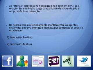 Cooley (1975): comunicação compreende o mecanismo último das interações sociaisCompreendendo a interação social no ciberespaçoParticularidades a respeito dos processos de interação