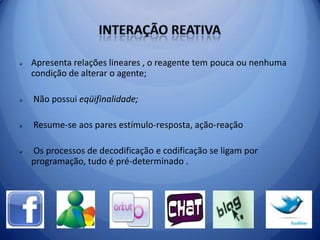 Primo (2003): tipologia para tratar da interação mediada na redeALEX PRIMO É professor do Programa de Pós-Graduação em Comunicação e Informação da UFRGS;Publicou o livro “Interação Mediada por Computador: comunicação, cibercultura, cognição”. Atualmente pesquisa escrita colaborativa de hipertextos e conversações online.