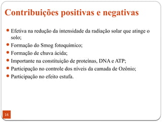 Contribuições positivas e negativas
16
Efetiva na redução da intensidade da radiação solar que atinge o
solo;
Formação do Smog fotoquímico;
Formação de chuva ácida;
Importante na constituição de proteínas, DNA e ATP;
Participação no controle dos níveis da camada de Ozônio;
Participação no efeito estufa.
 