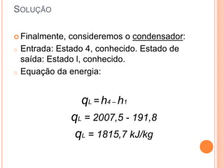  Finalmente, consideremos o condensador: 
o Entrada: Estado 4, conhecido. Estado de 
saída: Estado l, conhecido. 
o Equação da energia: 
qL = h4 – h1 
qL = 2007,5 - 191,8 
qL = 1815,7 kJ/kg 
SOLUÇÃO 
 