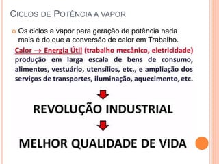 CICLOS DE POTÊNCIA A VAPOR 
 Os ciclos a vapor para geração de potência nada 
mais é do que a conversão de calor em Trabalho. 
 