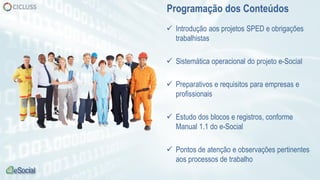  Introdução aos projetos SPED e obrigações
trabalhistas
 Sistemática operacional do projeto e-Social
 Preparativos e requisitos para empresas e
profissionais
 Estudo dos blocos e registros, conforme
Manual 1.1 do e-Social
 Pontos de atenção e observações pertinentes
aos processos de trabalho
Programação dos Conteúdos
 