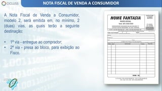 A Nota Fiscal de Venda a Consumidor,
modelo 2, será emitida em, no mínimo, 2
(duas) vias, as quais terão a seguinte
destinação:
• 1ª via - entregue ao comprador;
• 2ª via - presa ao bloco, para exibição ao
Fisco.
NOTA FISCAL DE VENDA A CONSUMIDOR
 