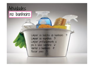 AtividadesAtividadesAtividadesAtividades
nnnno banheiroo banheiroo banheiroo banheiro
Limpar os balcões do banheiro 3’
LimparLimparLimparLimpar osososos espelhos 3’espelhos 3’espelhos 3’espelhos 3’
Limpar profundamente a
pia e vaso sanitário 6’
Varrer oVarrer oVarrer oVarrer o banheiro 4’banheiro 4’banheiro 4’banheiro 4’
Passar pano 3’
 