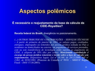 Aspectos polêmicos É necessário o reajustamento da base de cálculo da CIDE- Royalties ? Receita federal do Brasil:  divergência no posicionamento. (...) OUTROS TRIBUTOS OU CONTRIBUIÇÕES – SERVIÇOS TÉCNICOS – A partir de primeiro de janeiro de 2001, os valores pagos, creditados, entregues, empregados ou remetidos por pessoa jurídica sediada no País a residentes ou domiciliados no exterior, em pagamento de serviços prestados, com ou sem transferência de tecnologia, estão sujeitos ao pagamento da CIDE, à alíquota de 10% (dez por cento).  Mencionada contribuição é encargo da pessoa jurídica remetente e incide sobre a base de cálculo sem reajustamento.  Dispositivos legais: Lei nº 10.168, de 29/12/2000; MP nº 2.062, de 03/02/2001.  (Processo de Consulta nº 99/01 – SRRF/6ª Região Fiscal –  DOU  17.10.2001).  