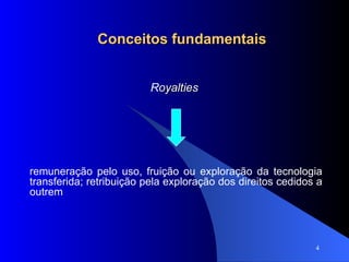 Conceitos fundamentais R oyalties   remuneração pelo uso, fruição ou exploração da tecnologia transferida; retribuição pela exploração dos direitos cedidos a outrem 