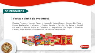 OS PRODUTOS 
Variada Linha de Produtos: 
Massas Frescas - Massas Secas - Macarrão Instantâneo - Massas De Pizza - 
Pizzas Recheadas - Nhoque - Queijo Ralado - Farinha De Rosca - Pastel 
Recheado - Batata Palha e Ondulada - Salgadinhos De Trigo - Biscoitos 
Caseiro e De Polvilho - Pão De Alho - Canudos e Panettone. 
 