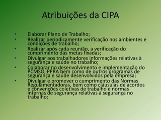Atribuições da CIPA
•
•
•
•
•
•

Elaborar Plano de Trabalho;
Realizar periodicamente verificação nos ambientes e
condições de trabalho;
Realizar após cada reunião, a verificação do
cumprimento das metas fixadas;
Divulgar aos trabalhadores informações relativas à
segurança e saúde no trabalho;
Colaborar no desenvolvimento e implementação do
PCMSO, PPRA bem como de outros programas de
segurança e saúde desenvolvidos pela empresa;
Divulgar e promover o cumprimento das Normas
Regulamentadoras, bem como cláusulas de acordos
e convenções coletivas de trabalho e normas
internas de segurança relativas à segurança no
trabalho;

 