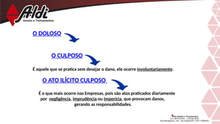 O DOLOSO
O CULPOSO
É aquele que se pratica sem desejar o dano, ele ocorre involuntariamente.
O ATO ILÍCITO CULPOSO
É o que mais ocorre nas Empresas, pois são atos praticados diariamente
por negligência, imprudência ou imperícia, que provocam danos,
gerando as responsabilidades.
 