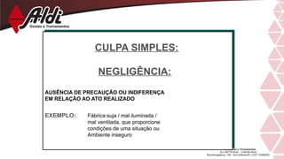 CULPA SIMPLES:
NEGLIGÊNCIA:
AUSÊNCIA DE PRECAUÇÃO OU INDIFERENÇA
EM RELAÇÃO AO ATO REALIZADO
EXEMPLO: Fábrica suja / mal iluminada /
mal ventilada, que proporcione
condições de uma situação ou
Ambiente inseguro
 