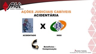 AÇÕES JUDICIAIS CABÍVEIS
ACIDENTÁRIA
X
ACIDENTADO INSS
Benefícios -
Compensação
 