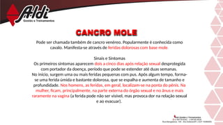 CANCRO MOLE
Pode ser chamada também de cancro venéreo. Popularmente é conhecida como
cavalo. Manifesta-se através de feridas dolorosas com base mole.
Sinais e Sintomas
Os primeiros sintomas aparecem dois a cinco dias após relação sexual desprotegida
com portador da doença, período que pode se estender até duas semanas.
No início, surgem uma ou mais feridas pequenas com pus. Após algum tempo, forma-
se uma ferida úmida e bastante dolorosa, que se espalha e aumenta de tamanho e
profundidade. Nos homens, as feridas, em geral, localizam-se na ponta do pênis. Na
mulher, ficam, principalmente, na parte externa do órgão sexual e no ânus e mais
raramente na vagina (a ferida pode não ser visível, mas provoca dor na relação sexual
e ao evacuar).
 