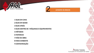 LEVANTE OS RISCOS
1-OLHE EM CIMA
2-OLHE EM BAIXO
3-OLHE ATRÁS
4-OLHE DENTRO DE MÁQUINAS E EQUIPAMENTOS
5-MÉTODOS
6-MATERIAIS
7-MÃO DE OBRA
8-MEIO AMBIENTE
9-CONTAMINAÇÃO
 