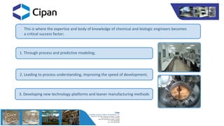 This is where the expertise and body of knowledge of chemical and biologic engineers becomes
a critical success factor;
1. Through process and predictive modeling;
2. Leading to process understanding, improving the speed of development;
3. Developing new technology platforms and leaner manufacturing methods
 