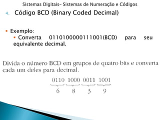 Sistemas Digitais– Sistemas de Numeração e Códigos
4. Código BCD (Binary Coded Decimal)
 Exemplo:
 Converta 0110100000111001(BCD) para seu
equivalente decimal.
 