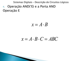 Sistemas Digitais – Descrição de Circuitos Lógicos
4. Operação AND(‘E) e a Porta AND
Operação E
B
A
x 

ABC
C
B
A
x 



 