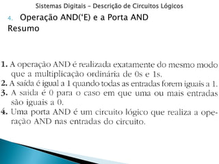 Sistemas Digitais – Descrição de Circuitos Lógicos
4. Operação AND(‘E) e a Porta AND
Resumo
 