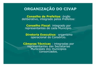 ORGANIZAÇÃO DO CIVAP
    Conselho de Prefeitos: órgão
                   Prefeitos:
deliberativo, integrado pelos Prefeitos:

   Conselho Fiscal: integrado por
             Fiscal:
  representantes de cada Município.

  Diretoria Executiva: organismo
     operacional do Consórcio.

 Câmaras Técnicas : integradas por
   representantes das Secretarias
     Municipais dos municípios
           consorciados.
 