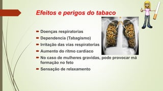 Efeitos e perigos do tabaco
 Doenças respiratorias
 Dependencia (Tabagismo)
 Irritação das vias respiratorias
 Aumento do ritmo cardiaco
 No caso de mulheres gravidas, pode provocar má
formação no feto
 Sensação de relaxamento
 
