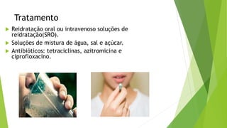 Tratamento
 Reidratação oral ou intravenoso soluções de
reidratação(SRO).
 Soluções de mistura de água, sal e açúcar.
 Antibióticos: tetraciclinas, azitromicina e
ciprofloxacino.
 
