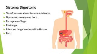 Sistema Digestório
 Transforma os alimentos em nutrientes.
 O processo começa na boca.
 Faringe e esôfago.
 Estômago.
 Intestino delgado e Intestino Grosso.
 Reto.
 