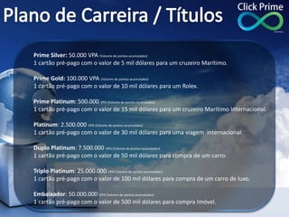 Prime Silver: 50.000 VPA (Volume de pontos acumulados)
1 cartão pré-pago com o valor de 5 mil dólares para um cruzeiro Marítimo.
Prime Gold: 100.000 VPA (Volume de pontos acumulados)
1 cartão pré-pago com o valor de 10 mil dólares para um Rolex.
Prime Platinum: 500.000 VPA (Volume de pontos acumulados)
1 cartão pré-pago com o valor de 15 mil dólares para um cruzeiro Marítimo Internacional.
Platinum: 2.500.000 VPA (Volume de pontos acumulados)
1 cartão pré-pago com o valor de 30 mil dólares para uma viagem internacional.
Duplo Platinum: 7.500.000 VPA (Volume de pontos acumulados)
1 cartão pré-pago com o valor de 50 mil dólares para compra de um carro.
Triplo Platinum: 25.000.000 VPA (Volume de pontos acumulados)
1 cartão pré-pago com o valor de 100 mil dólares para compra de um carro de luxo.
Embaixador: 50.000.000 VPA (Volume de pontos acumulados)
1 cartão pré-pago com o valor de 500 mil dólares para compra Imóvel.
 