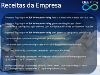 Empresas Pagam para Click Prime Advertising Para o aumento de acessos em seus sites.
Empresas Pagam para Click Prime Advertising gerar visualizações em vídeos
comerciais e consequência gera receita com a própria publicidade do vídeo no Youtube.
Empresas Pagam para Click Prime Advertising para gerenciar campanhas publicitarias.
Consultores Executivos vendem produtos pelo e-commerce.
Consultores executivos vende pacotes e cursos online pela Universidade EAD.
Mais de 1 milhão de consultores vendendo serviços publicitários.
Mais de 1 milhão de consultores nos 40 países consumindo o mínimo exigido de
U$ 25,00 em sua E-Commerce.
Vendas em sua loja E-commerce que inicia com 10.000 produtos e ultrapassando
50.000 no primeiro semestre de 2014 para o público externo.
 
