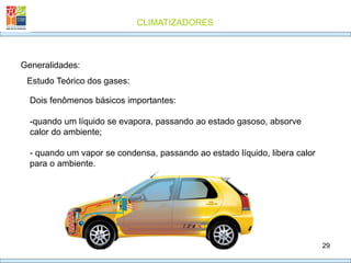 CLIMATIZADORES
29
Generalidades:
Estudo Teórico dos gases:
Dois fenômenos básicos importantes:
-quando um líquido se evapora, passando ao estado gasoso, absorve
calor do ambiente;
- quando um vapor se condensa, passando ao estado líquido, libera calor
para o ambiente.
 