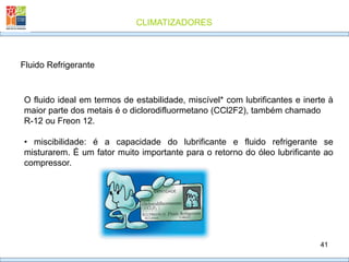 CLIMATIZADORES
41
O fluido ideal em termos de estabilidade, miscível* com lubrificantes e inerte à
maior parte dos metais é o diclorodifluormetano (CCl2F2), também chamado
R-12 ou Freon 12.
• miscibilidade: é a capacidade do lubrificante e fluido refrigerante se
misturarem. É um fator muito importante para o retorno do óleo lubrificante ao
compressor.
Fluido Refrigerante
 