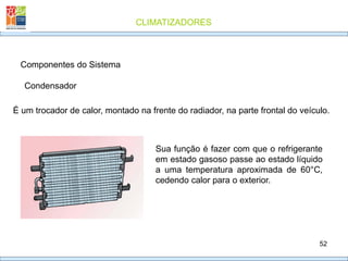 CLIMATIZADORES
52
Condensador
Componentes do Sistema
É um trocador de calor, montado na frente do radiador, na parte frontal do veículo.
Sua função é fazer com que o refrigerante
em estado gasoso passe ao estado líquido
a uma temperatura aproximada de 60°C,
cedendo calor para o exterior.
 