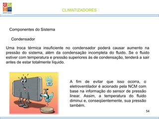 CLIMATIZADORES
54
Condensador
Componentes do Sistema
Uma troca térmica insuficiente no condensador poderá causar aumento na
pressão do sistema, além da condensação incompleta do fluido. Se o fluido
estiver com temperatura e pressão superiores às de condensação, tenderá a sair
antes de estar totalmente líquido.
A fim de evitar que isso ocorra, o
eletroventilador é acionado pela NCM com
base na informação do sensor de pressão
linear. Assim, a temperatura do fluido
diminui e, conseqüentemente, sua pressão
também.
 