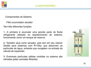 CLIMATIZADORES
55
Filtro acumulador secador
Componentes do Sistema
Tem três diferentes funções:
1- A primeira é acumular uma grande parte do fluido
refrigerante utilizado no abastecimento do sistema,
funcionando como um tanque de reserva;
2- Também atua como secador, pois tem em seu interior
Zeolite para sistemas com R-134a, que absorvem as
partículas de água, evitando que congelem na entrada da
válvula de expansão;
3- Eventuais partículas sólidas contidas no sistema são
retiradas pelas camadas filtrantes.
 