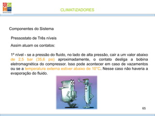 CLIMATIZADORES
65
Pressostato de Três níveis
Componentes do Sistema
Assim atuam os contatos:
1º nível - se a pressão do fluido, no lado de alta pressão, cair a um valor abaixo
de 2,5 bar (35,6 psi) aproximadamente, o contato desliga a bobina
eletromagnética do compressor. Isso pode acontecer em caso de vazamentos
ou se a temperatura externa estiver abaixo de 10°C. Nesse caso não haveria a
evaporação do fluido.
 