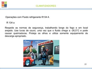 CLIMATIZADORES
77
R 134 a
Operações com Fluido refrigerante R134 A
Respeite as normas de segurança, trabalhando longe do fogo e em local
arejado. Use luvas de couro, uma vez que o fluido chega a -26,5°C e pode
causar queimaduras. Proteja os olhos e utilize somente equipamento de
descarga apropriado.
 