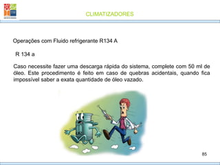 CLIMATIZADORES
85
R 134 a
Operações com Fluido refrigerante R134 A
Caso necessite fazer uma descarga rápida do sistema, complete com 50 ml de
óleo. Este procedimento é feito em caso de quebras acidentais, quando fica
impossível saber a exata quantidade de óleo vazado.
 