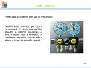 CLIMATIZADORES
93
Verificação do sistema com uso do manômetro
Quando entra umidade, por causa
de saturação do dessecante do filtro
secador, o sistema interrompe o
ciclo e depois volta a funcionar. O
manômetro de baixa pressão indica
vácuo e, às vezes, pressão normal.
 