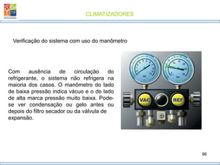 CLIMATIZADORES
96
Verificação do sistema com uso do manômetro
Com ausência de circulação do
refrigerante, o sistema não refrigera na
maioria dos casos. O manômetro do lado
de baixa pressão indica vácuo e o do lado
de alta marca pressão muito baixa. Pode-
se ver condensação ou gelo antes ou
depois do filtro secador ou da válvula de
expansão.
 