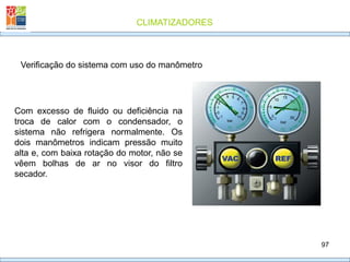CLIMATIZADORES
97
Verificação do sistema com uso do manômetro
Com excesso de fluido ou deficiência na
troca de calor com o condensador, o
sistema não refrigera normalmente. Os
dois manômetros indicam pressão muito
alta e, com baixa rotação do motor, não se
vêem bolhas de ar no visor do filtro
secador.
 