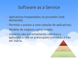 Software as a Service
●
Aplicativos hospedados no provedor (sob
demanda);
●
Permite o acesso a uma coleção de aplicativos;
●
Modelo de negócio comprovado;
●
Usuários são extremamente restritos a
aplicação e não se preocupam com nada a não
ser usá-la.
 