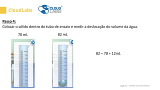 © jp.ik 2021 | INSPIRING EDUCATION SERVICES
CloudLabs
Passo 4:
Colocar o sólido dentro do tubo de ensaio e medir a desloca...