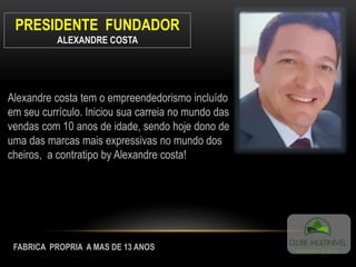 PRESIDENTE FUNDADOR
ALEXANDRE COSTA
Alexandre costa tem o empreendedorismo incluído
em seu currículo. Iniciou sua carreia no mundo das
vendas com 10 anos de idade, sendo hoje dono de
uma das marcas mais expressivas no mundo dos
cheiros, a contratipo by Alexandre costa!
FABRICA PROPRIA A MAS DE 13 ANOS
 