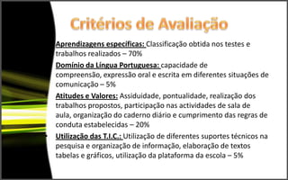 • Aprendizagens específicas: Classificação obtida nos testes e
  trabalhos realizados – 70%
• Domínio da Língua Portuguesa: capacidade de
  compreensão, expressão oral e escrita em diferentes situações de
  comunicação – 5%
• Atitudes e Valores: Assiduidade, pontualidade, realização dos
  trabalhos propostos, participação nas actividades de sala de
  aula, organização do caderno diário e cumprimento das regras de
  conduta estabelecidas – 20%
• Utilização das T.I.C.: Utilização de diferentes suportes técnicos na
  pesquisa e organização de informação, elaboração de textos
  tabelas e gráficos, utilização da plataforma da escola – 5%
 