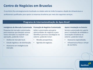 Centro	
  de	
  Negócios	
  em	
  Bruxelas	
  
O	
  escritório	
  ﬁca	
  estrategicamente	
  localizado	
  na	
  cidade-­‐sede	
  da	
  União	
  Europeia	
  e	
  dispõe	
  de	
  infraestrutura	
  e	
  
proﬁssionais	
  qualiﬁcados	
  para	
  apoiar	
  as	
  empresas	
  brasileiras	
  por	
  meio	
  dos	
  seguintes	
  serviços:	
  
	
  
	
  
	
                                         Programa	
  de	
  Internacionalização	
  da	
  Apex-­‐Brasil

Inteligência	
  de	
  Mercado	
  Customizada	
                Promoção	
  de	
  Negócios	
  Customizada	
             Apoio	
  à	
  Instalação	
  no	
  Exterior	
  
	
  	
  
Pesquisas	
  de	
  mercado	
  customizadas	
                  Ações	
  customizadas	
  para	
  gerar	
                Serviço	
  customizado	
  de	
  suporte	
  
para	
  empresas	
  que	
  desejam	
  acessar	
               oportunidades	
  de	
  negócios	
  e	
  para	
          para	
  a	
  instalação	
  de	
  en1dades	
  e	
  
novos	
  mercados	
  ou	
  expandir	
  suas	
                 iden1ﬁcar	
  parcerias	
  estratégicas	
  no	
          associações	
  brasileiras	
  no	
  
operações,	
  podendo	
  incluir:	
  	
                       exterior,	
  podendo	
  incluir:	
  	
                  exterior,	
  podendo	
  incluir:	
  	
  
•      Análise	
  de	
  mercado	
  local;	
  	
               •    Missões	
  prospec1vas;	
  	
                      •     Assessoria	
  especializada;	
  	
  
•      Estudo	
  logís1co	
  e	
  de	
  distribuição;	
  	
   •    Agendas	
  de	
  negócios.	
                       •    Infraestrutura	
  Psica	
  e	
  virtual	
  
•      Assessoria	
  em	
  inteligência	
  de	
                                                                            de	
  escritório.	
  
       mercado.	
  




                                                                                                                                   	
  
                                                                                                                                   	
  
 