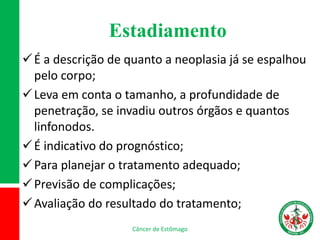 Estadiamento
É a descrição de quanto a neoplasia já se espalhou
pelo corpo;
Leva em conta o tamanho, a profundidade de
penetração, se invadiu outros órgãos e quantos
linfonodos.
É indicativo do prognóstico;
Para planejar o tratamento adequado;
Previsão de complicações;
Avaliação do resultado do tratamento;
Câncer de Estômago
 