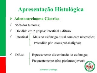 Apresentação Histológica
 Adenocarcinoma Gástrico
 95% dos tumores;
 Dividido em 2 grupos: intestinal e difuso.
 Intestinal Mais no estômago distal com com ulcerações;
Precedido por lesões pré-malignas;
 Difuso Espessamento disseminado do estômago;
Frequentemente afeta pacientes jovens;
Câncer de Estômago
 