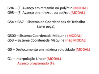 G94 – (F) Avanço em mm/min ou pol/min (MODAL)
G95 – (F) Avanço em mm/rot ou pol/rot (MODAL)
G54 a G57 – Sistema de Coordenadas de Trabalho
(zero peça).
G500 – Sistema Coordenada Máquina (MODAL)
G53 – Sistema Coordenada Máquina (não MODAL)
G0 – Deslocamento em máxima velocidade (MODAL)
G1 – Interpolação Linear (MODAL)
Avanço programado (F).
 